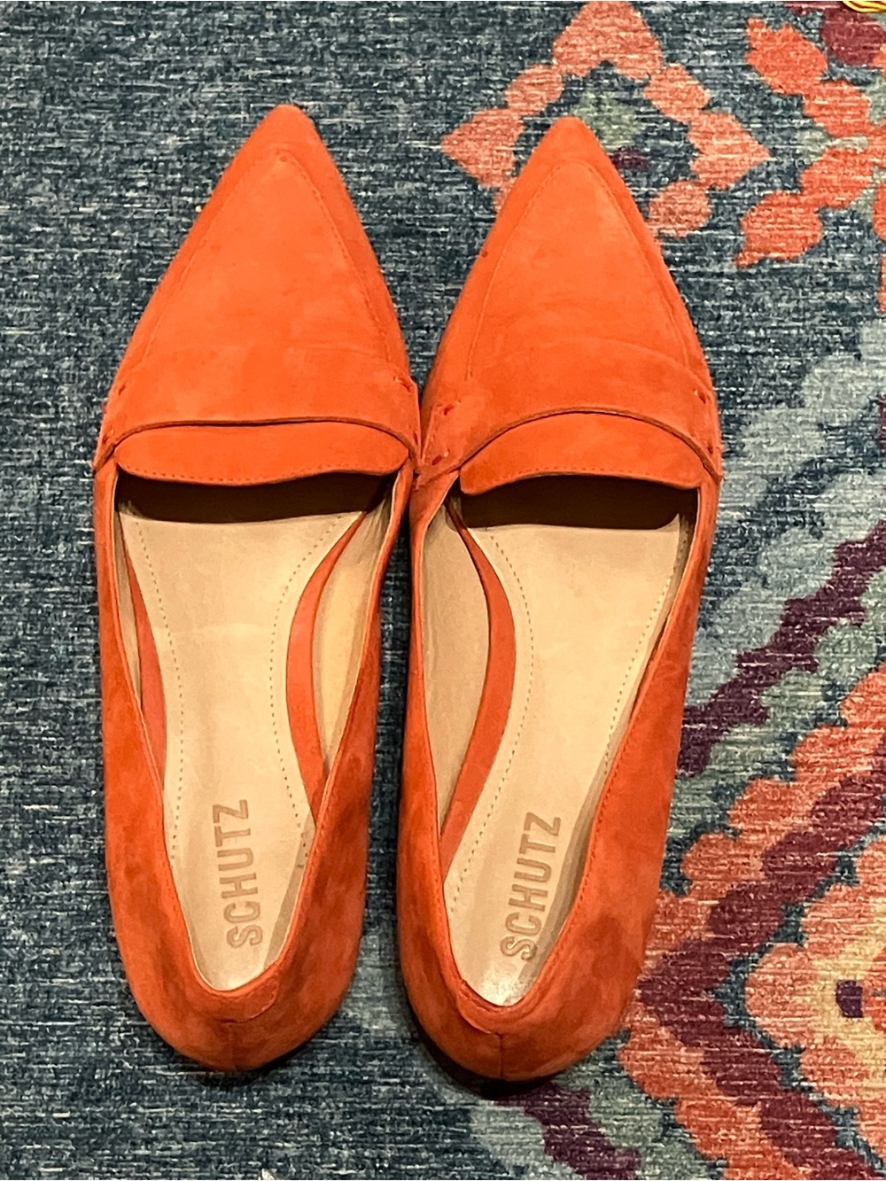 Beautiful SCHUTZ pointed-toe loafers in a vibrant orange/coral suede.